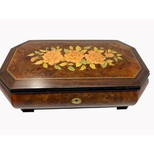Sorrento Italy Burl Elm Rose Inlay Music Jewelry Box Plays Somewhere My Love